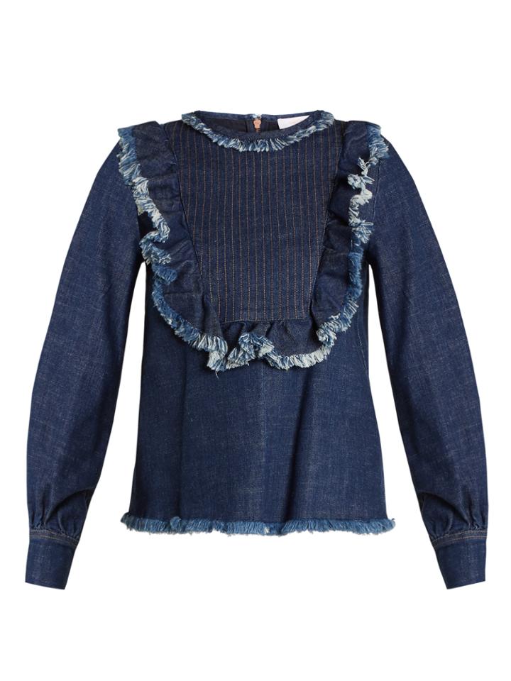 See By Chloé Ruffle-trimmed Bib-front Denim Top