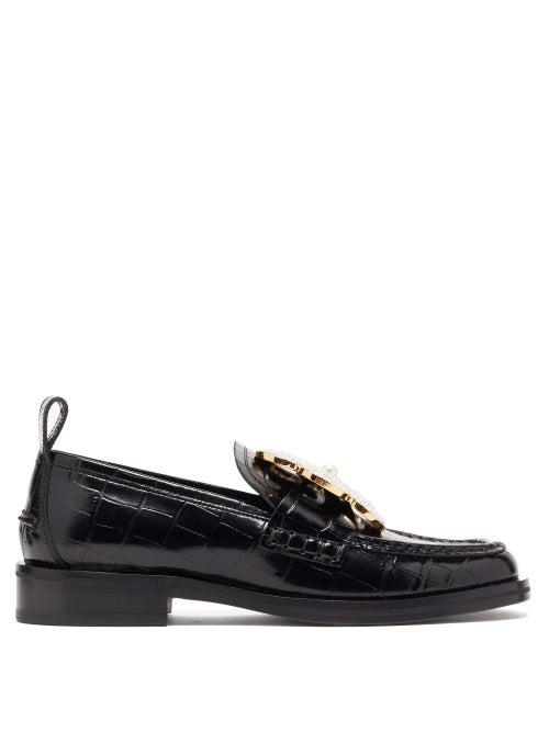 Matchesfashion.com Loewe - Flower-brooch Crocodile-effect Leather Loafers - Womens - Black