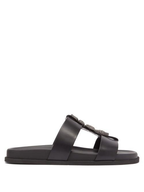 Matchesfashion.com Valentino Garavani - Crystal-embellished Snake Plaque Leather Slides - Womens - Black