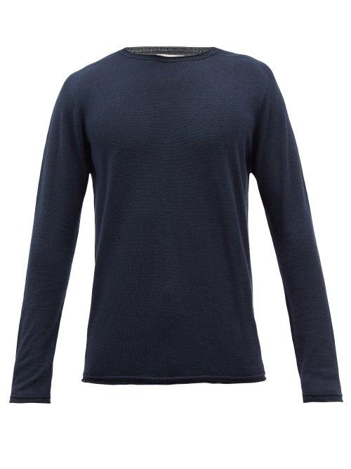 120 Lino 120% Lino - Rolled-edge Crew-neck Linen Sweater - Mens - Navy
