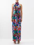 Taller Marmo - Altea Metallic-fil Coup Halterneck Satin Gown - Womens - Black Multi