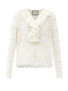 Matchesfashion.com Gucci - Ruffled Cotton-blend Lace Blouse - Womens - White