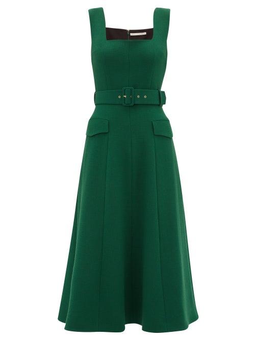 Matchesfashion.com Emilia Wickstead - Petra Belted Wool-crepe Midi Dress - Womens - Dark Green