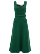 Matchesfashion.com Emilia Wickstead - Petra Belted Wool-crepe Midi Dress - Womens - Dark Green