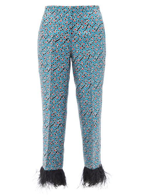 La Doublej - Boudoir Feather-trim Silk-twill Trousers - Womens - Blue Multi