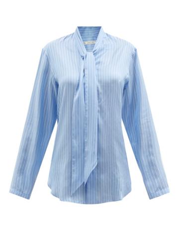 Umit Benan B+ - Pussybow Striped Silk Shirt - Womens - Blue