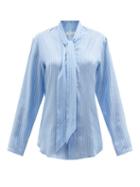 Umit Benan B+ - Pussybow Striped Silk Shirt - Womens - Blue