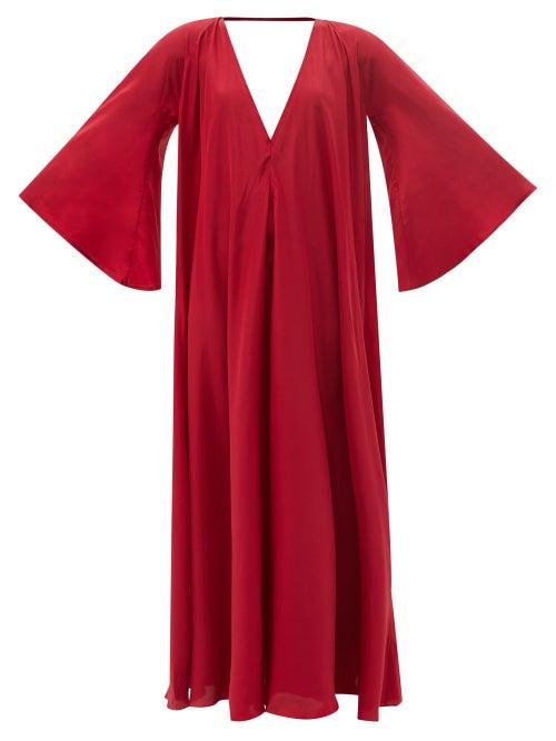 Fil De Vie - Prosperina Wide-sleeve Silk-habotai Dress - Womens - Dark Red