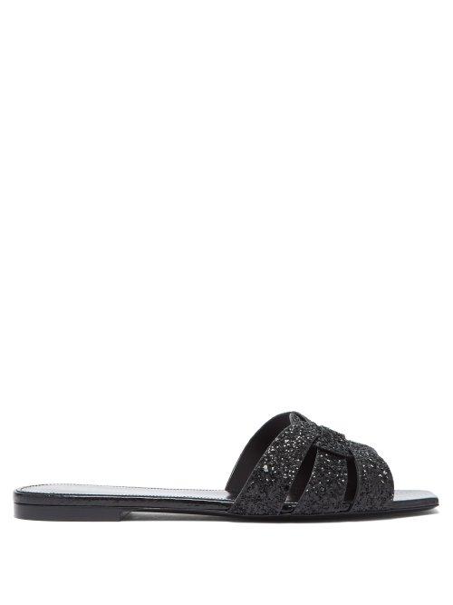 Matchesfashion.com Saint Laurent - Tribute Nu Pieds Glitter Leather Slides - Womens - Black