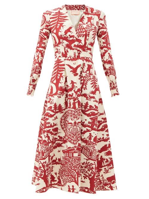Matchesfashion.com Marta Ferri - X Pierre Frey Tyrolean Toile-de-jouy Cotton Dress - Womens - Red White