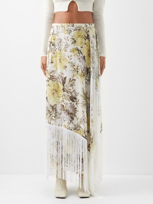Acne Studios - Ivvie Floral-print Fringed Jersey Midi Skirt - Womens - Beige