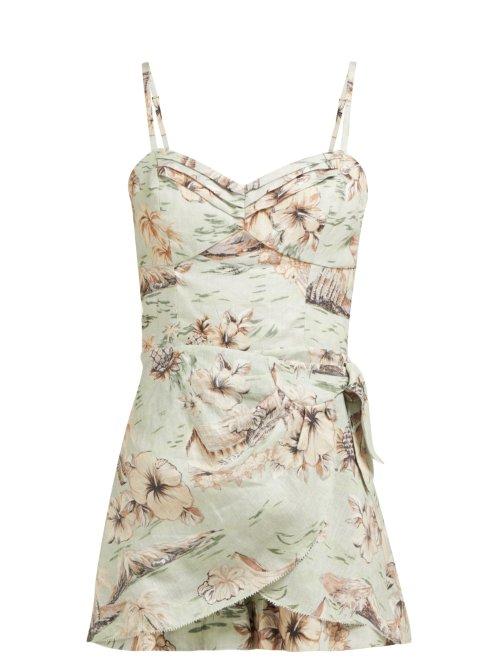 Matchesfashion.com Zimmermann - Wayfarer Hawaiian Print Linen Playsuit - Womens - Light Green