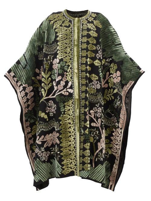 Biyan - Harmony Velvet-appliqu Felted-wool Cape Coat - Womens - Black Green