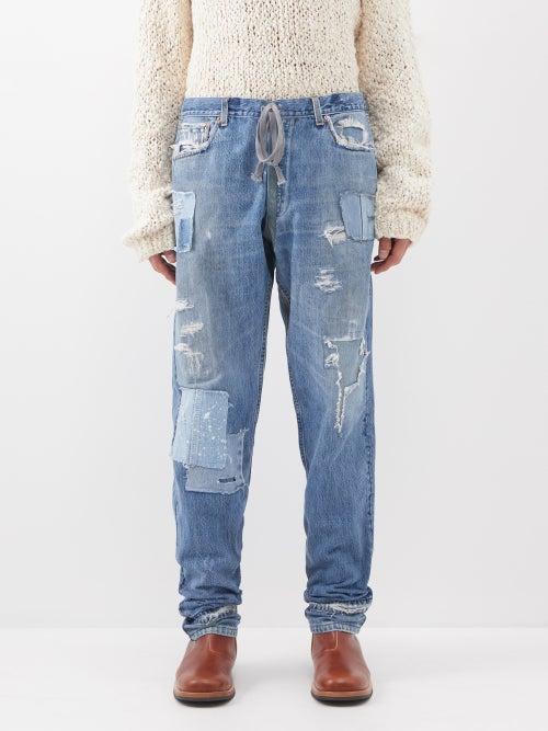 Greg Lauren - Drawstring-waist Distressed Jeans - Mens - Blue