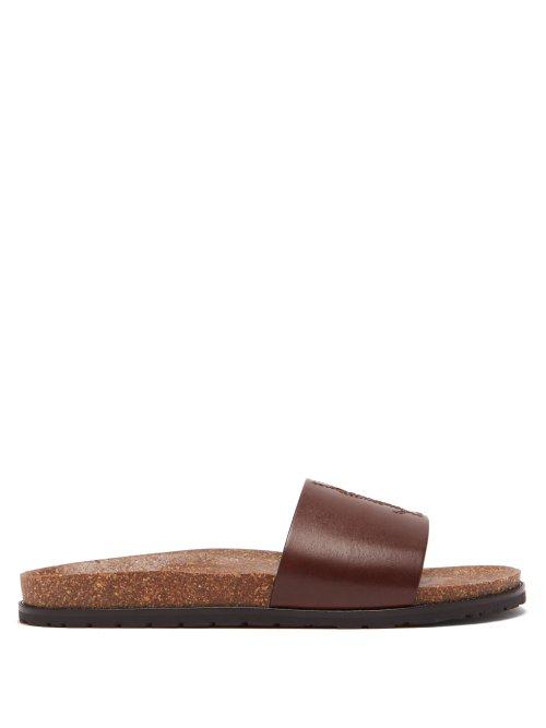 Matchesfashion.com Saint Laurent - Jimmy Logo Embroidered Leather Slides - Mens - Brown