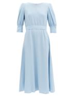 Matchesfashion.com Goat - Kane Bishop-sleeve Wool-crepe Midi Dress - Womens - Light Blue