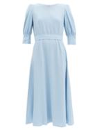 Matchesfashion.com Goat - Kane Bishop-sleeve Wool-crepe Midi Dress - Womens - Light Blue