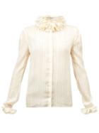 Matchesfashion.com Saint Laurent - Ruffle-neck Metallic-striped Blouse - Womens - White Gold