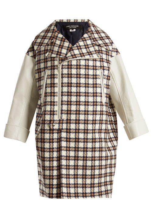 Matchesfashion.com Junya Watanabe - Leather Trimmed Hound's Tooth Wool Blend Coat - Womens - White Multi