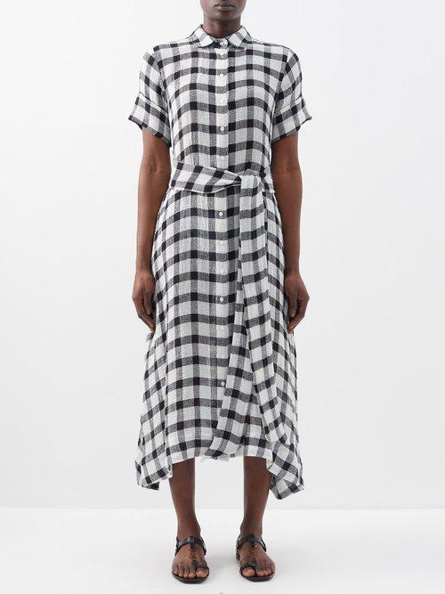 Lisa Marie Fernandez - Asymmetric Gingham Linen-blend Gauze Shirt Dress - Womens - Black White