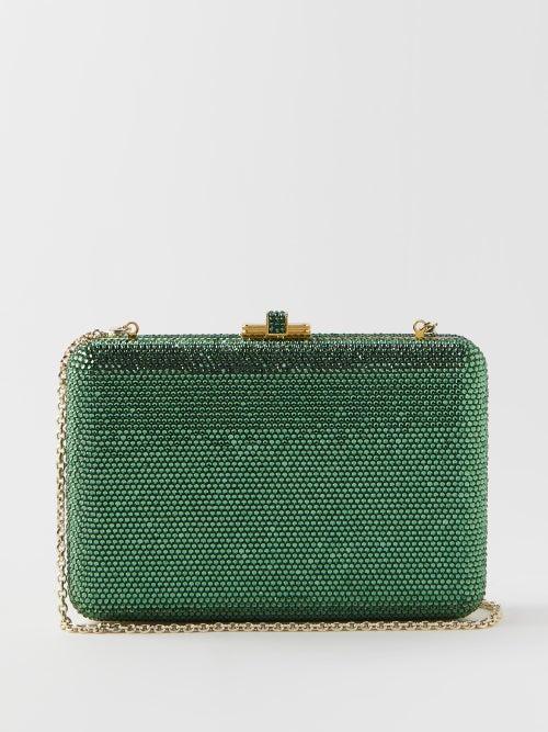 Judith Leiber - Slim Slide Crystal-embellished Clutch Bag - Womens - Dark Green