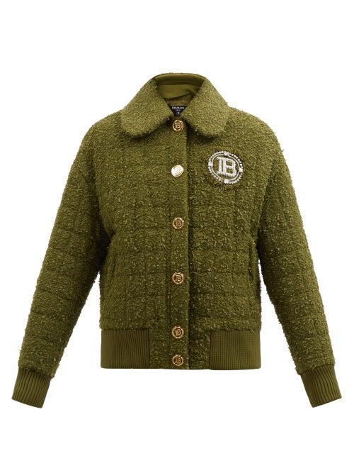 Balmain - Crystal-logo Cotton-blend Quilted-tweed Jacket - Womens - Khaki