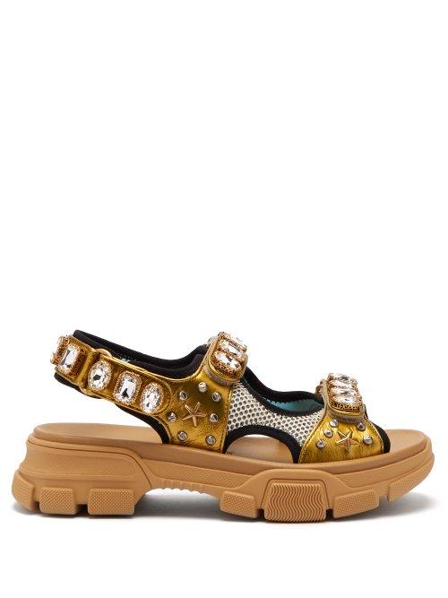 Matchesfashion.com Gucci - Aguru Crystal Embellished Leather And Mesh Sandals - Womens - Gold