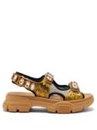 Matchesfashion.com Gucci - Aguru Crystal Embellished Leather And Mesh Sandals - Womens - Gold