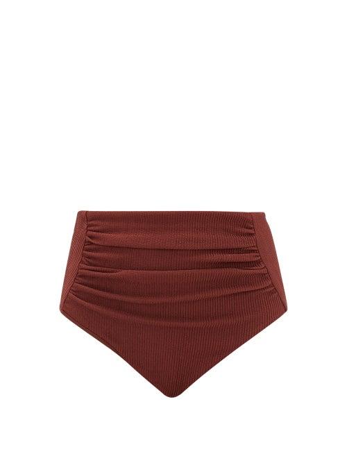 Matchesfashion.com Self-portrait - High-rise Gathered Ribbed Bikini Briefs - Womens - Brown