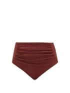 Matchesfashion.com Self-portrait - High-rise Gathered Ribbed Bikini Briefs - Womens - Brown