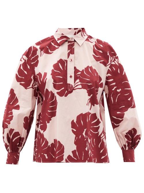 Ladies Beachwear La Doublej - Poet Monstera-print Cotton-poplin Shirt - Womens - Pink Print