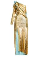 Matchesfashion.com Halpern - Asymmetric Metallic Pliss Gown - Womens - Gold Multi