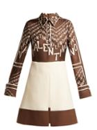 Matchesfashion.com Valentino - Logo Print Silk And Wool Mini Dress - Womens - Brown Multi