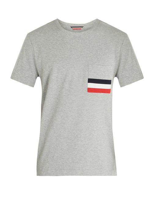 Matchesfashion.com Moncler - Stripe Appliqu Patch Pocket Cotton Jersey T Shirt - Mens - Grey