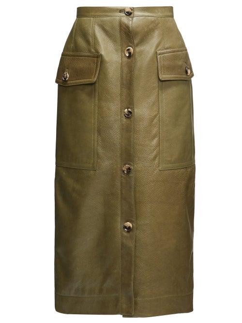 Matchesfashion.com Marni - Button-down Leather Midi Skirt - Womens - Green