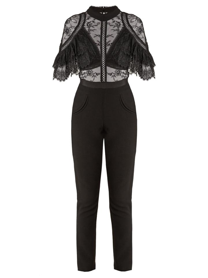 Self-portrait Cape-sleeve Lace And Twill Jumpsuit