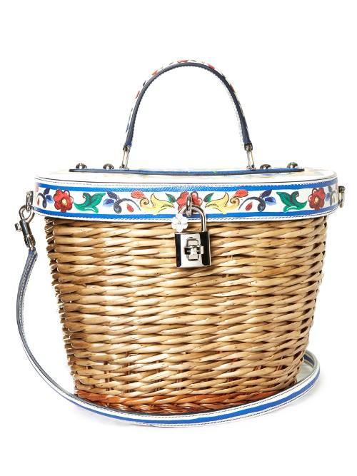 Dolce & Gabbana Majolica-print Leather And Wicker Basket Bag