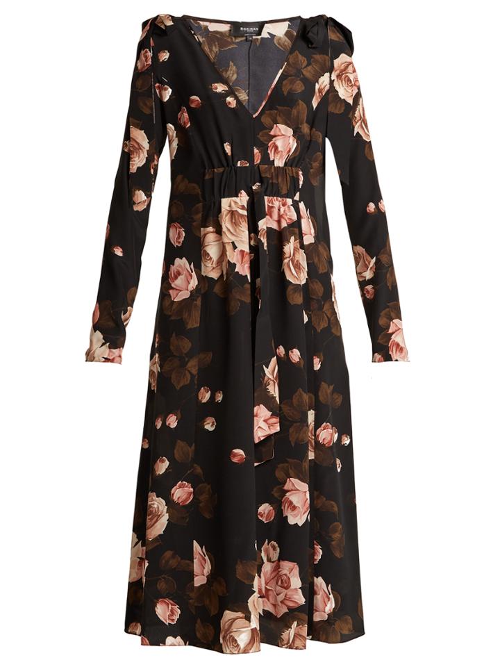 Rochas Rose-print V-neck Silk Crepe De Chine Dress