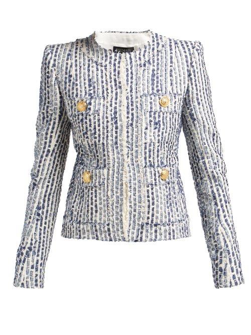 Matchesfashion.com Balmain - Striped Cotton Blend Tweed Jacket - Womens - Blue White