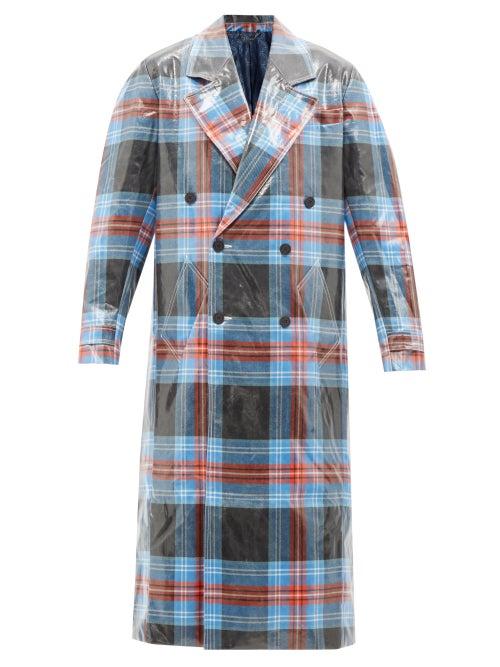 Charles Jeffrey Loverboy - Pvc-coated Wool-tartan Double-breasted Coat - Womens - Blue Multi