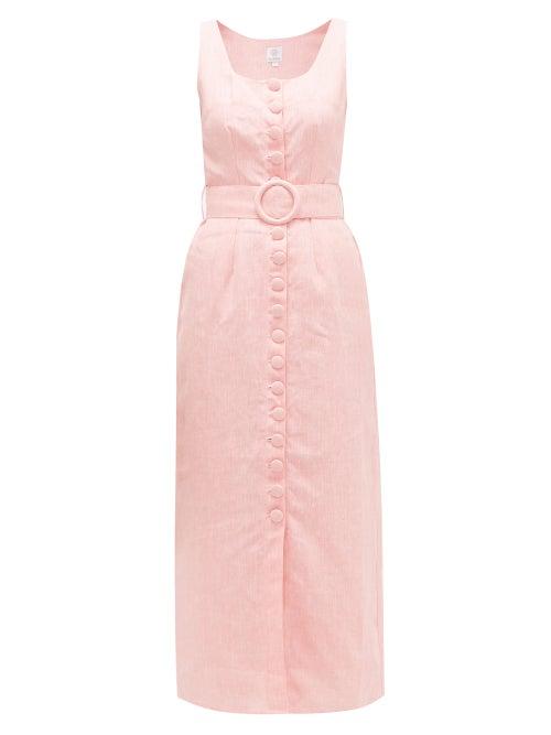 Matchesfashion.com Gl Hrgel - Belted Buttoned Linen Midi Dress - Womens - Pink