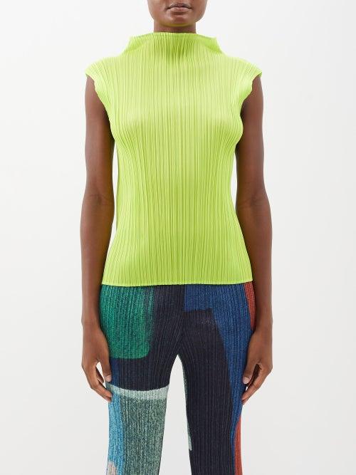 Pleats Please Issey Miyake - High-neck Technical-pleated Sleeveless Top - Womens - Green Yellow