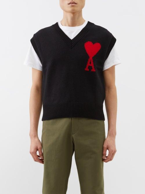 Ami - Ami De Caur-logo V-neck Wool Tank - Mens - Black