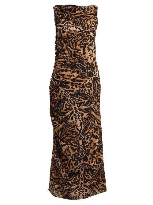 Matchesfashion.com Raey - Gathered Side Backless Silk Tiger Print Dress - Womens - Brown Multi