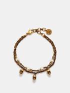 Alexander Mcqueen - Faux Pearl And Skull-charm Bracelet - Womens - Gold Multi
