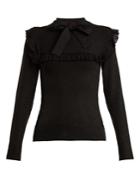 Joostricot Ruffle-trimmed Tie-neck Stretch-knit Sweater