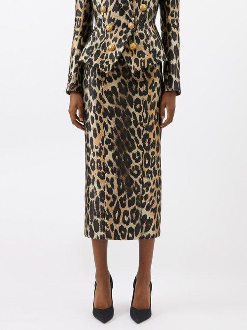 Balmain - High-rise Leopard Spot-jacquard Pencil Skirt - Womens - Leopard Print