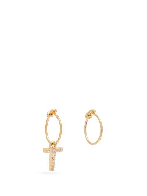 Matchesfashion.com Theodora Warre - Mismatched T Charm Gold Plated Hoop Earrings - Womens - Gold