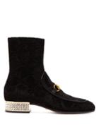 Matchesfashion.com Gucci - Horsebit Gg Crystal Embellished Velvet Ankle Boots - Womens - Black