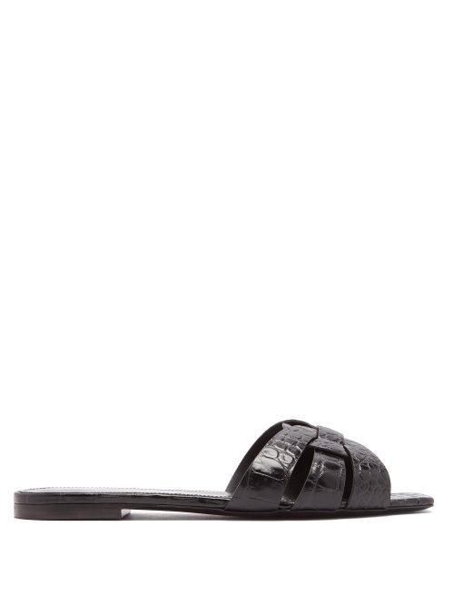 Matchesfashion.com Saint Laurent - Tribute Leather Crocodile Design Slides - Womens - Black